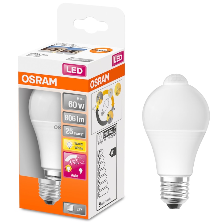 Bec LED Osram LED STAR+, A60, cu senzor de miscare, E27, 9W (60W), 806 lm, lumina calda (2700K), clasa energetica F