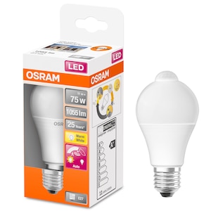 Bec LED Osram LED STAR+ A75, cu senzor de miscare, E27, 11W (75W), 1055 lm, lumina calda (2700K), clasa energetica F