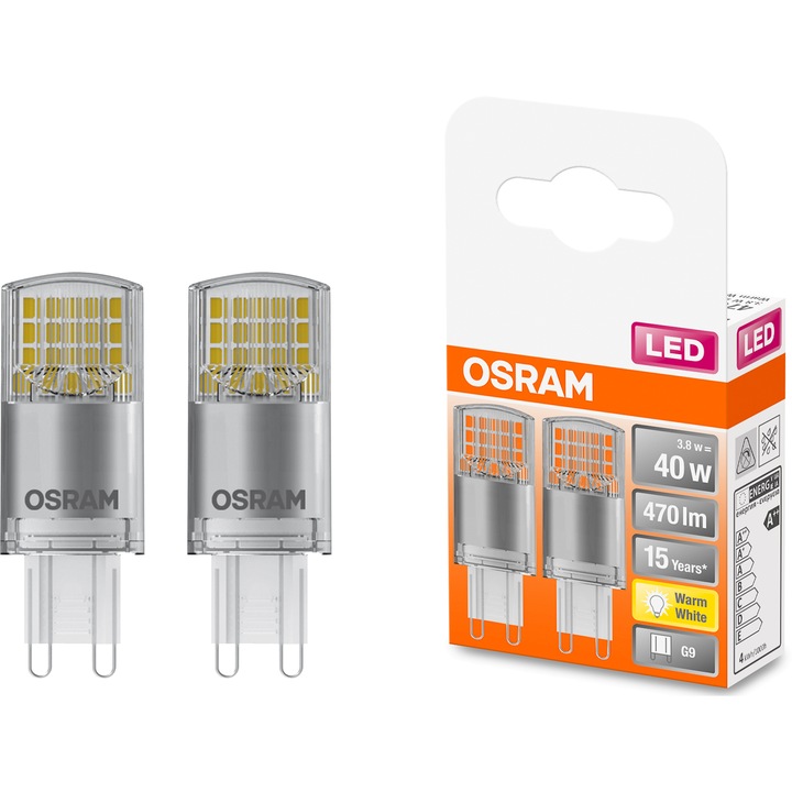 Pachet 2 becuri LED Osram Pin CL40, G9, 3.8W (40W), 470 lm, lumina calda, clasa energetica E
