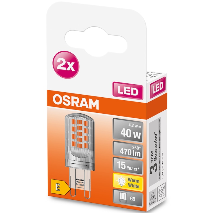 Pachet 2 becuri LED OSRAM Pin CL40, G9, 4.2W (40W), 470 lm, lumina calda, clasa energetica E