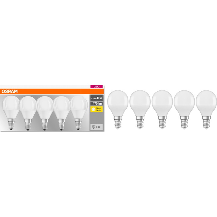 Pachet 5 becuri LED Osram FR P40, E14, 5.5W (40W), 470 lm, mat, lumina calda (2700K), clasa energetica F