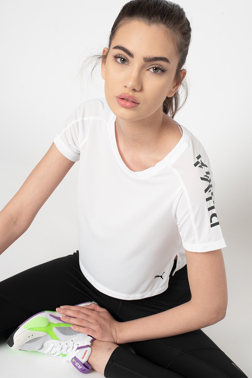 Puma, Tricou crop cu tehnologie dryCELL pentru fitness, Alb