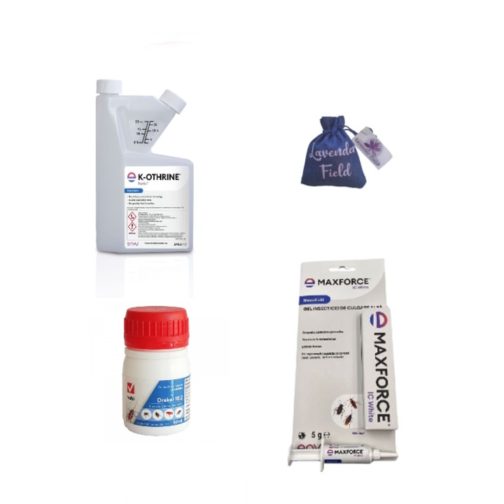 Set dezinsectie K-othrine Partix 250 ml + Max Force 5 gr + Draker 10.2, 50 ml+ Saculet de lavanda 10 gr, anti gandaci, plosnite, muste, insecte