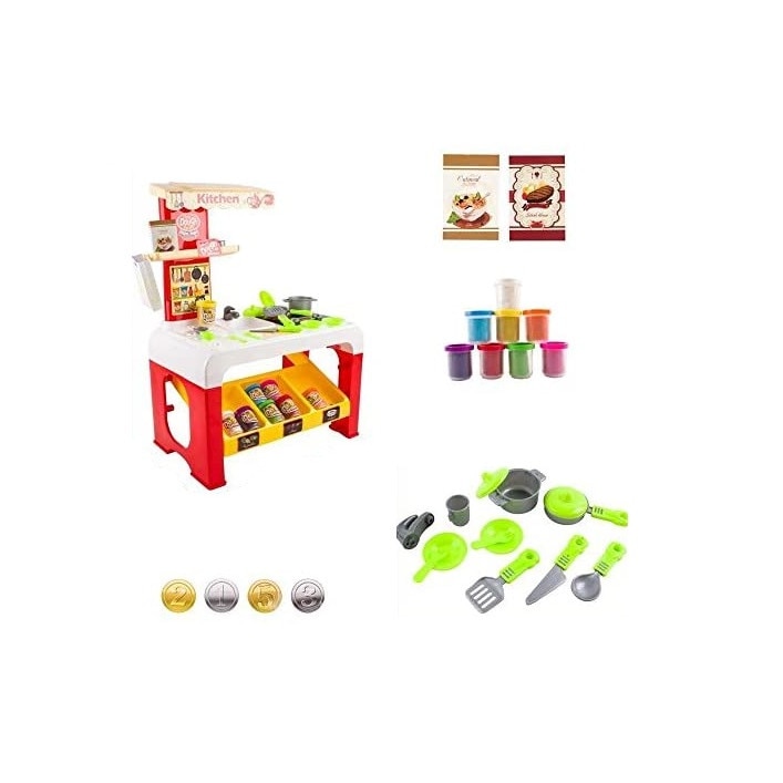 Set plastilina pentru modelat cu 32 accesorii incluse, Bowa, banc de lucru bucatarie, 47 x 65 cm