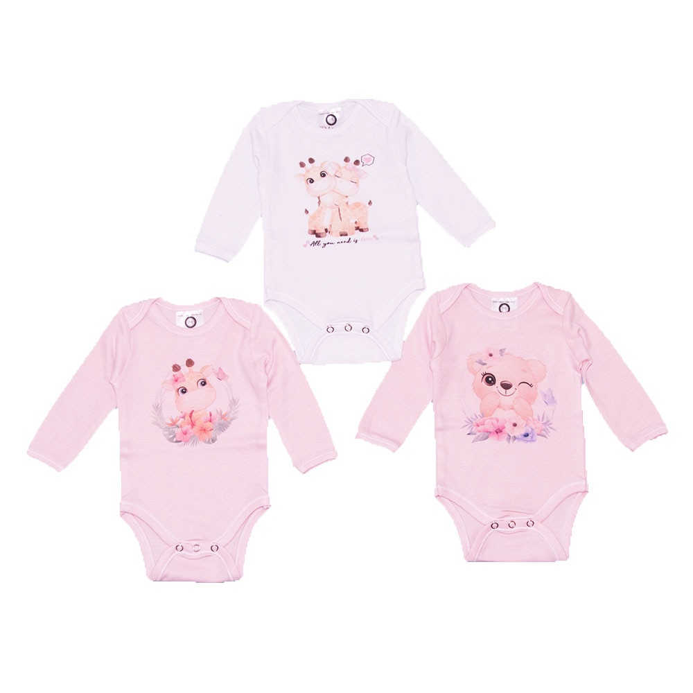 Set 3 body-uri bebelusi, Odorasul Mamei, cu imprimeu, Alb & roz