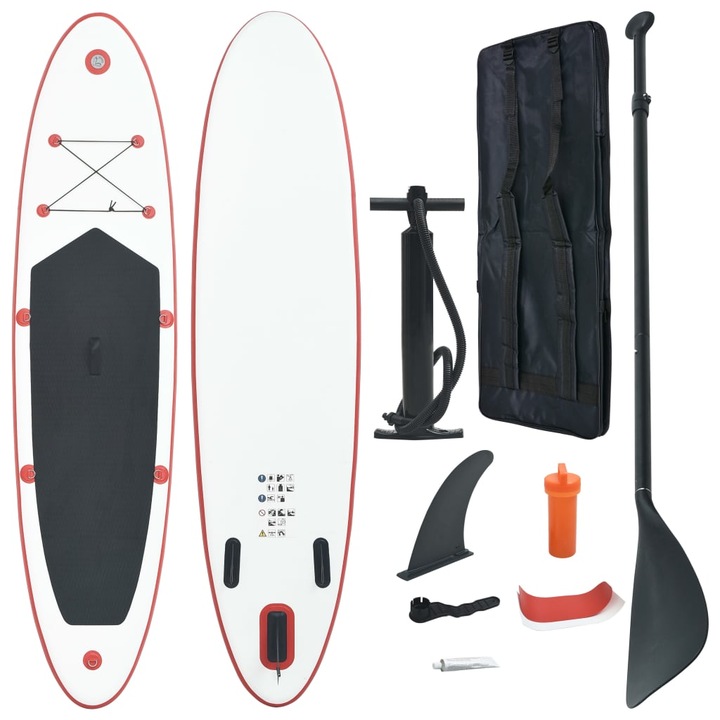 Set placa SUP stand up paddle surf gonflabila, vidaXL, PVC, 390 x 81 x 10 cm, Rosu/Alb