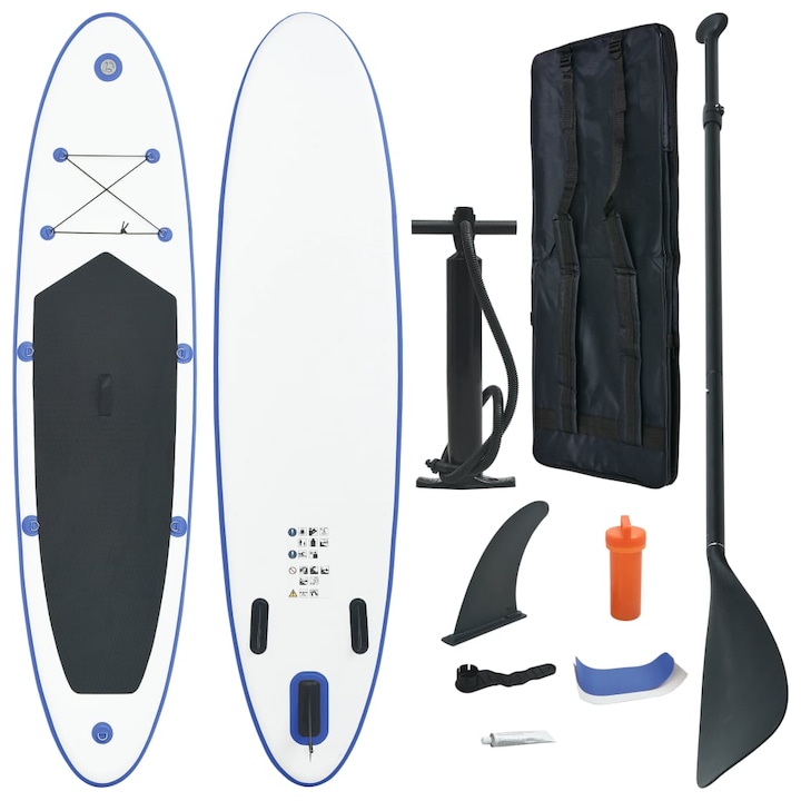 Set placa SUP stand up paddle surf gonflabila, vidaXL, PVC, 390 x 81 x 10 cm, Albastru