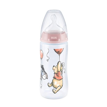 Biberon din polipropilena cu tetina din silicon 300 ml 0-6 luni Nuk First Choice Winnie the Pooh 741800-2, Roz Biberon din polipropilena cu tetina din silicon 300 ml 0-6 luni Nuk First Choice Winnie the Pooh 741800-2, Roz