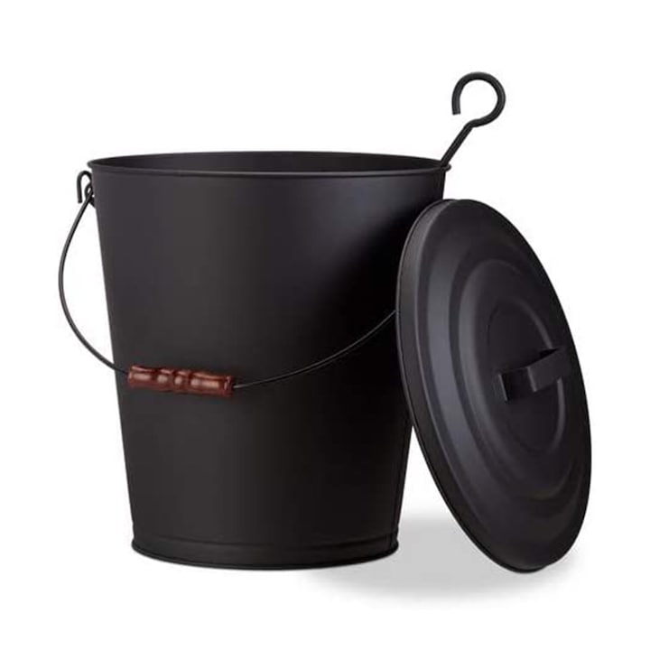 Galeata de cenusa, cu capac, Metal, Negru, 43 x 35,5 cm