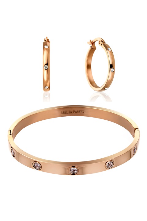 Amelia Parker, Set de bratara rigida si cercei rotunzi, Auriu rose