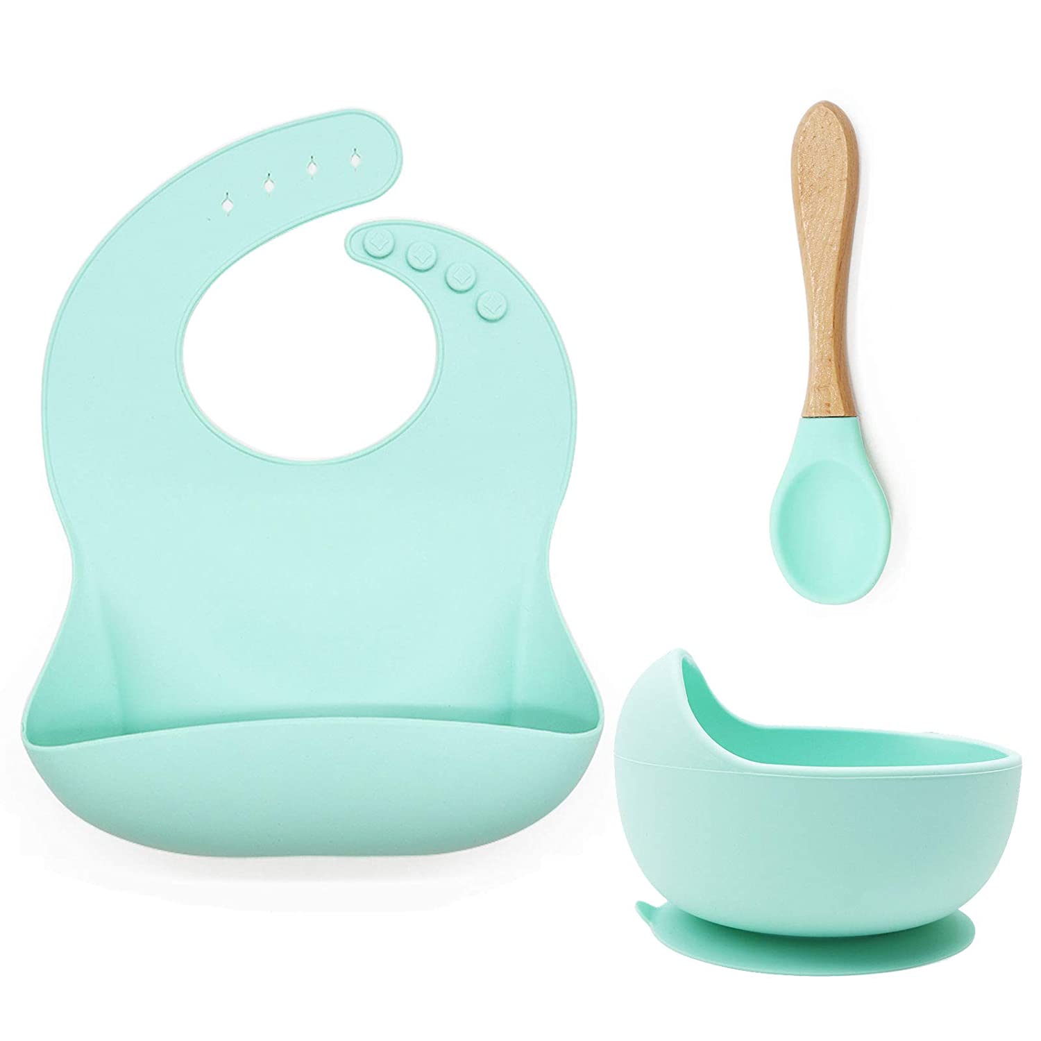 Set hranire bebe din silicon, 1 baveta, 1 bol cu ventuza, lingurita din silicon cu maner din bambus, anti-alunecare, diversificare, fara alergeni, verde menta