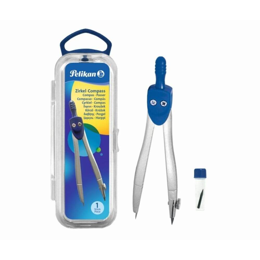 Compas plastic/metal pelikan, cu 2 rezerva mina, in cutie de plastic