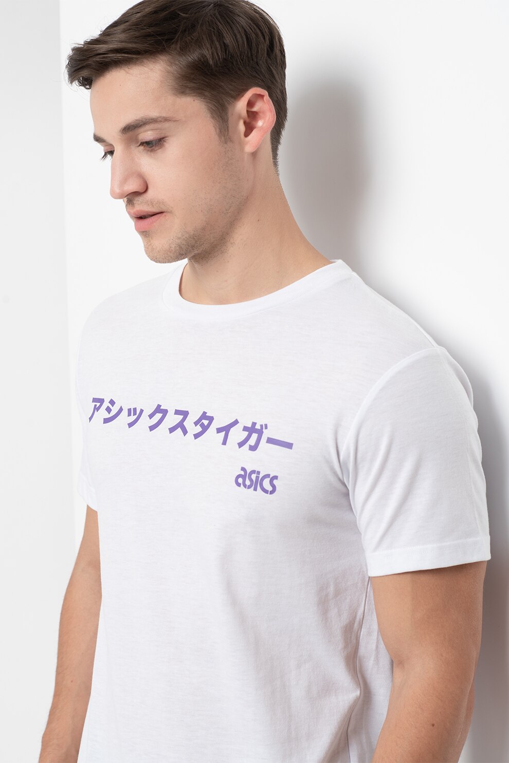 Asics, Tricou cu detaliu text, pentru antrenament, Alb/Purpuriu