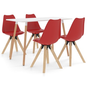 Set mobilier de bucatarie 5 piese, masa cu scaune, vidaXL, Piele artificiala/Lemn de fag, 120 x 60 x 75 cm, Rosu, masa alb Set mobilier de bucatarie 5 piese, masa cu scaune, vidaXL, Piele artificiala/Lemn de fag, 120 x 60 x 75 cm, Rosu, masa alb