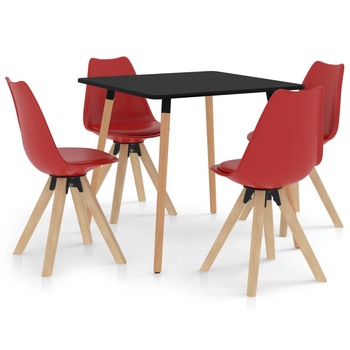 Set mobilier de bucatarie cu 1 masa cu blat negru si 4 scaune tapitate, vidaXL, Piele artificiala, 80 x 80 x 75 cm, Rosu