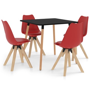 Set mobilier de bucatarie cu 1 masa cu blat negru si 4 scaune tapitate, vidaXL, Piele artificiala, 80 x 80 x 75 cm, Rosu Set mobilier de bucatarie cu 1 masa cu blat negru si 4 scaune tapitate, vidaXL, Piele artificiala, 80 x 80 x 75 cm, Rosu
