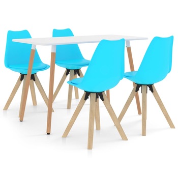 Set mobilier de bucatarie 5 piese, masa cu scaune, vidaXL, Piele artificiala/Lemn de fag, 120 x 60 x 75 cm, Albastru, masa alb Set mobilier de bucatarie 5 piese, masa cu scaune, vidaXL, Piele artificiala/Lemn de fag, 120 x 60 x 75 cm, Albastru, masa alb