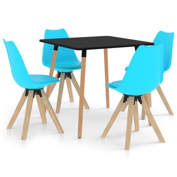 Set mobilier de bucatarie cu 1 masa cu blat negru si 4 scaune tapitate, vidaXL, Piele artificiala, 80 x 80 x 75 cm, Albastru deschis