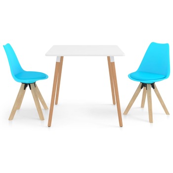 Set de masa de bucatarie cu blat alb si 2 scaune tapitate cu piele ecologica, vidaXL, Piele artificiala, 80 x 80 x 75 cm, Albastru deschis Set de masa de bucatarie cu blat alb si 2 scaune tapitate cu piele ecologica, vidaXL, Piele artificiala, 80 x 80 x 75 cm, Albastru deschis