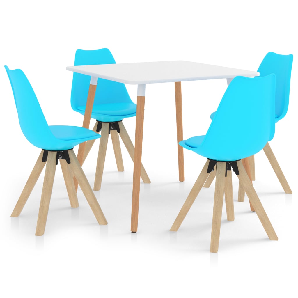 Set mobilier de bucatarie cu 1 masa cu blat alb si 4 scaune tapitate, vidaXL, Piele artificiala, 80 x 80 x 75 cm, Albastru deschis