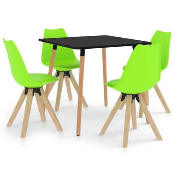 Set mobilier de bucatarie cu 1 masa cu blat negru si 4 scaune tapitate, vidaXL, Piele artificiala, 80 x 80 x 75 cm, Verde deschis Set mobilier de bucatarie cu 1 masa cu blat negru si 4 scaune tapitate, vidaXL, Piele artificiala, 80 x 80 x 75 cm, Verde deschis