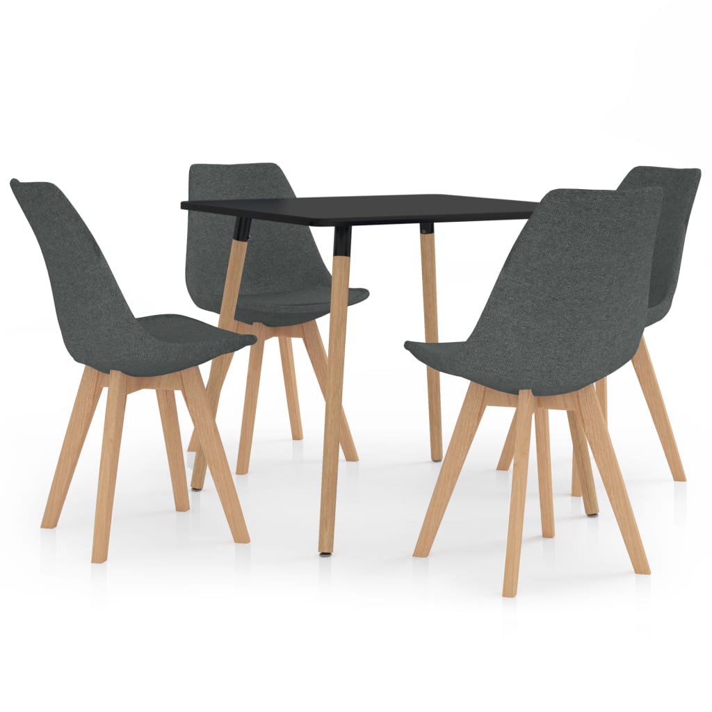 Set de masa de bucatarie cu blat negru cu 4 scaune tapitate, vidaXL, Tesatura, 80 x 80 x 75 cm, Gri deschis