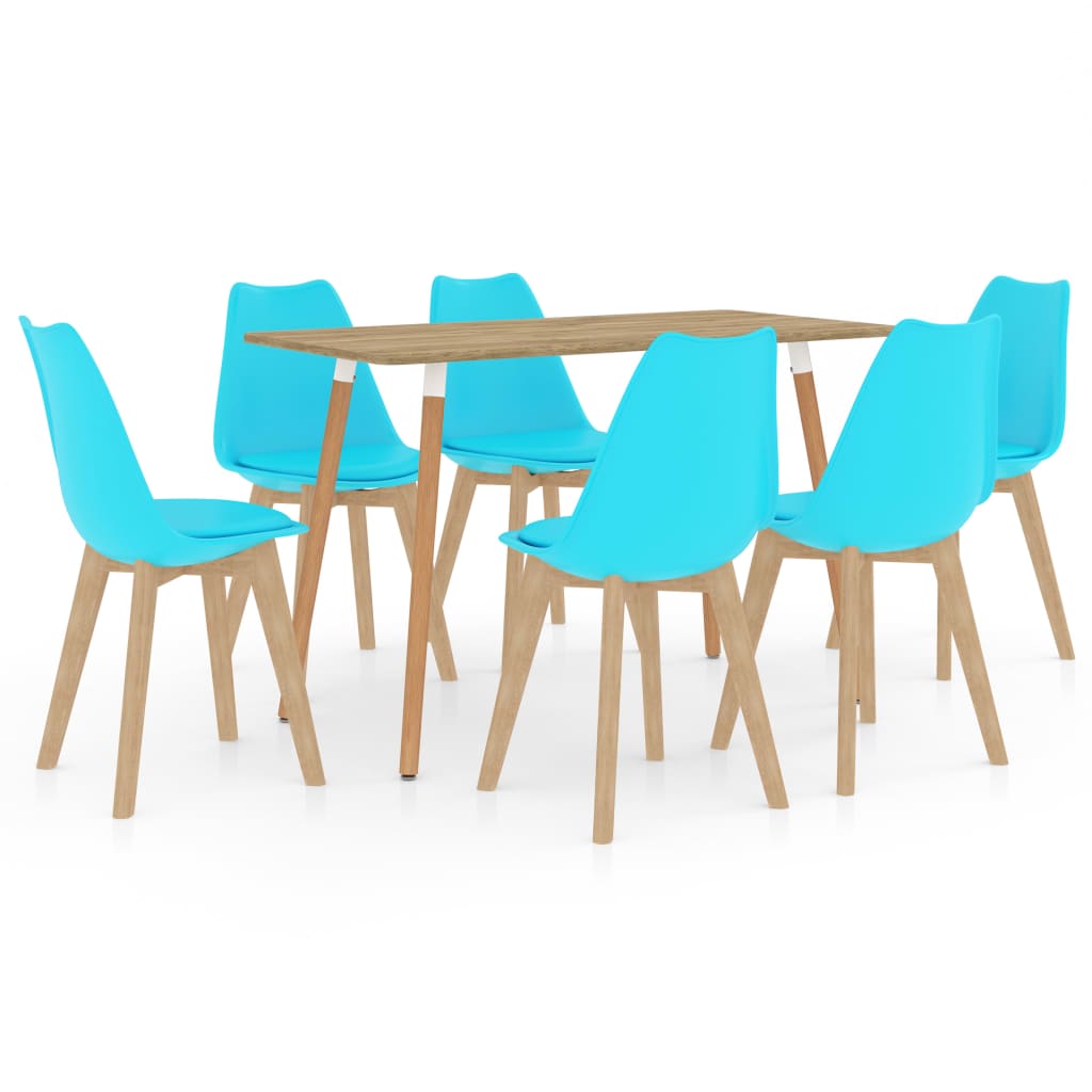 Set mobilier de bucatarie cu 1 masa si 6 scaune cu sezut tapitat, vidaXL, Piele artificiala, 42 x 42 x 81 cm, Albastru deschis