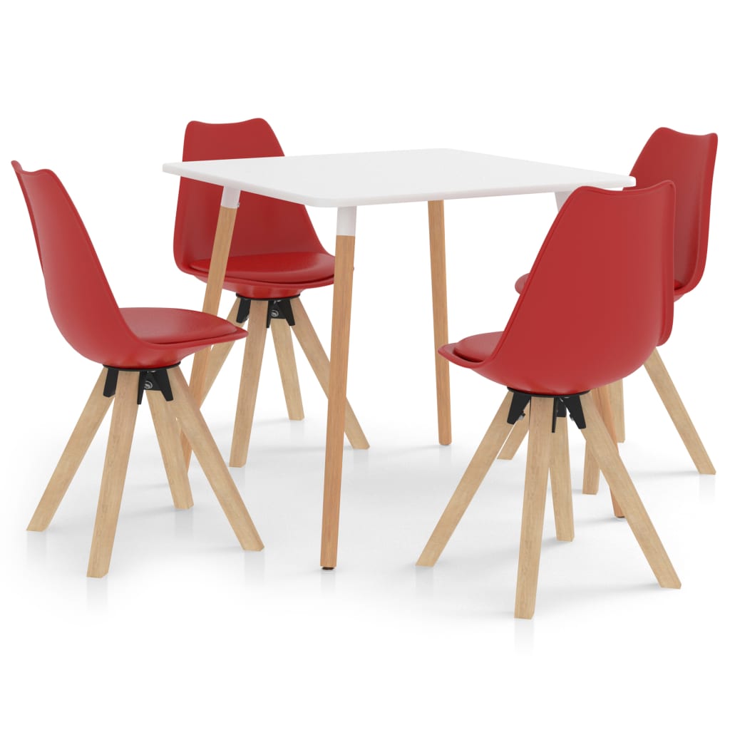 Set de masa de bucatarie cu blat alb si 4 scaune tapitate cu piele ecologica, vidaXL, Piele artificiala, 80 x 80 x 75 cm, Rosu