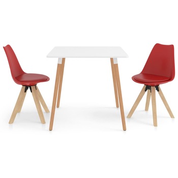 Set mobilier de bucatarie cu 1 masa cu blat alb si 2 scaune cu sezut tapitat, vidaXL, Piele artificiala, 80 x 80 x 75 cm, Rosu