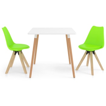 Set mobilier de bucatarie cu 1 masa cu blat alb si 2 scaune cu sezut tapitat, vidaXL, Piele artificiala, 80 x 80 x 75 cm, Verde deschis
