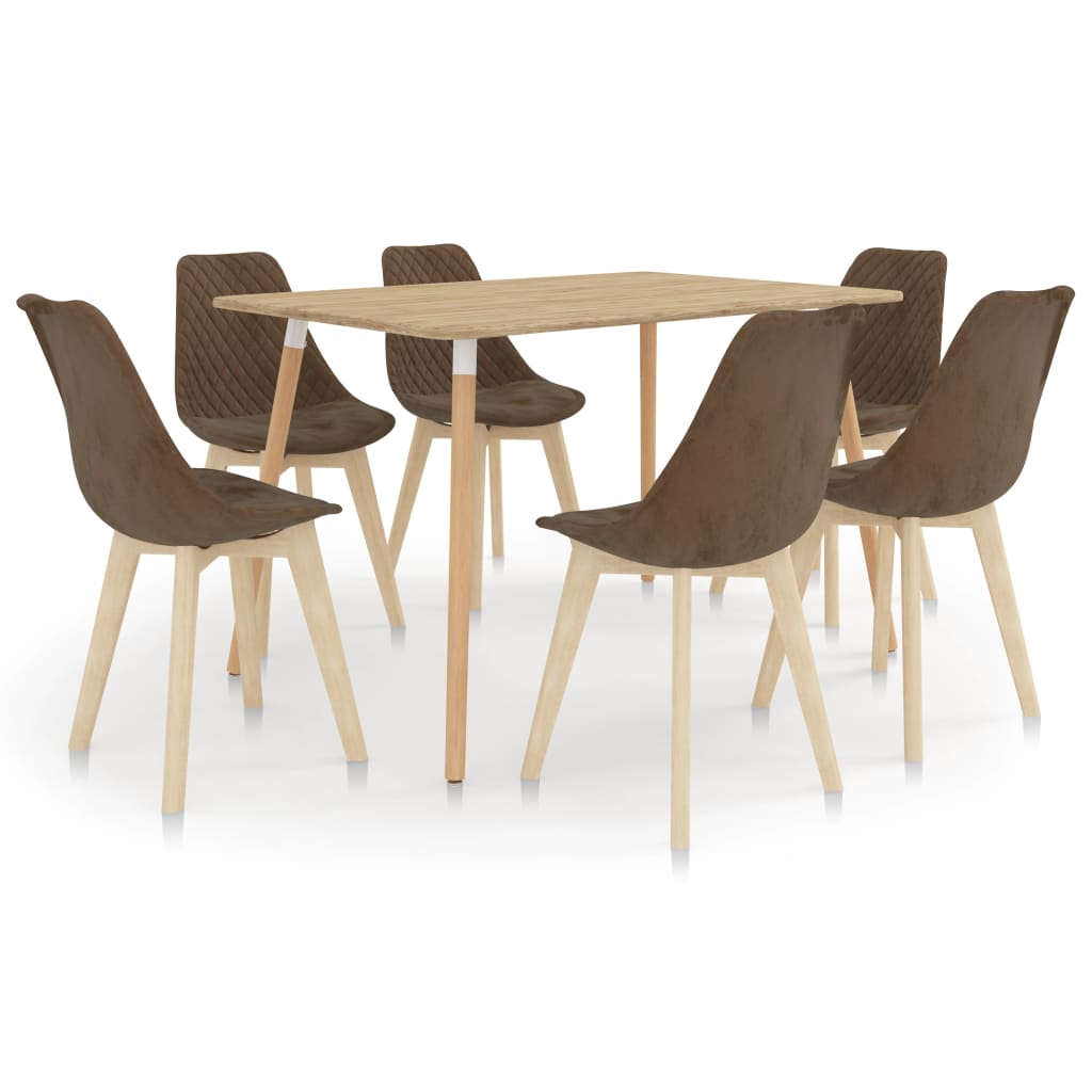 Set mobilier de bucatarie cu 1 masa si 6 scaune tapitate cu catifea, vidaXL, Catifea , 120 x 60 x 75 cm, Maro