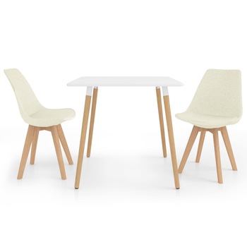 Set de masa de bucatarie cu blat alb si 2 scaune tapitate, vidaXL, Tesatura, 80 x 80 x 75 cm, Crem Set de masa de bucatarie cu blat alb si 2 scaune tapitate, vidaXL, Tesatura, 80 x 80 x 75 cm, Crem