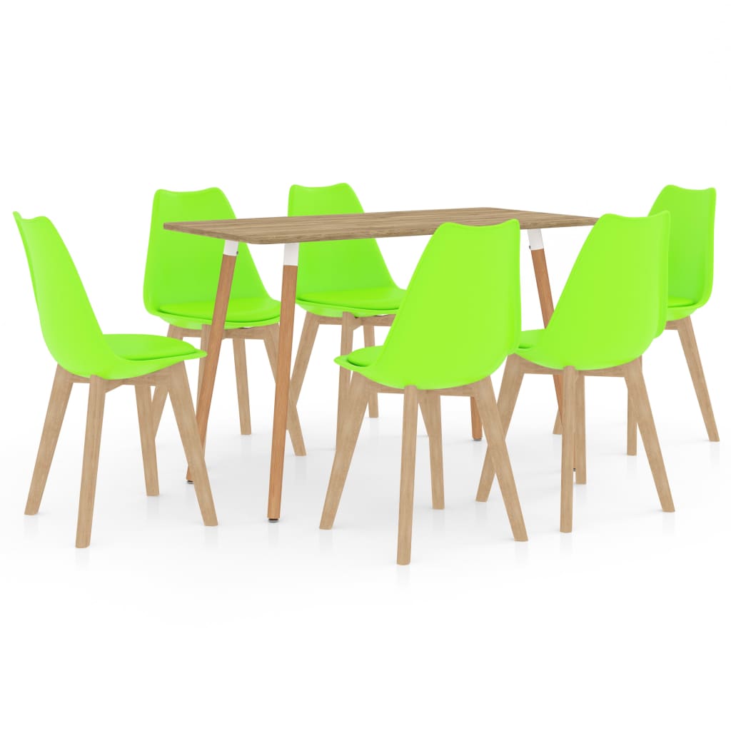 Set mobilier de bucatarie cu 1 masa si 6 scaune cu sezut tapitat, vidaXL, Piele artificiala, 42 x 42 x 81 cm, Verde deschis