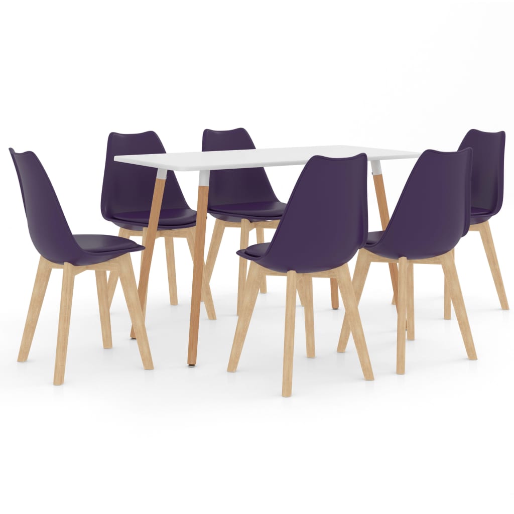 Set mobilier de bucatarie cu 1 masa cu blat alb si 6 scaune cu sezut tapitat, vidaXL, Piele artificiala, 42 x 42 x 81 cm, Mov