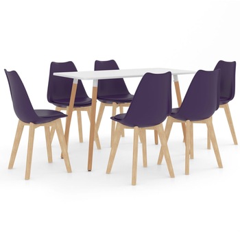 Set mobilier de bucatarie cu 1 masa cu blat alb si 6 scaune cu sezut tapitat, vidaXL, Piele artificiala, 42 x 42 x 81 cm, Mov