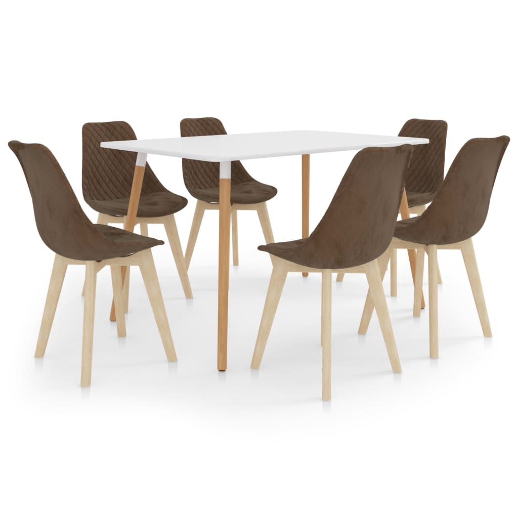 Set mobilier de bucatarie cu 1 masa cu blat alb si 6 scaune tapitate cu catifea, vidaXL, Catifea, 49 x 57 x 82 cm, Maro