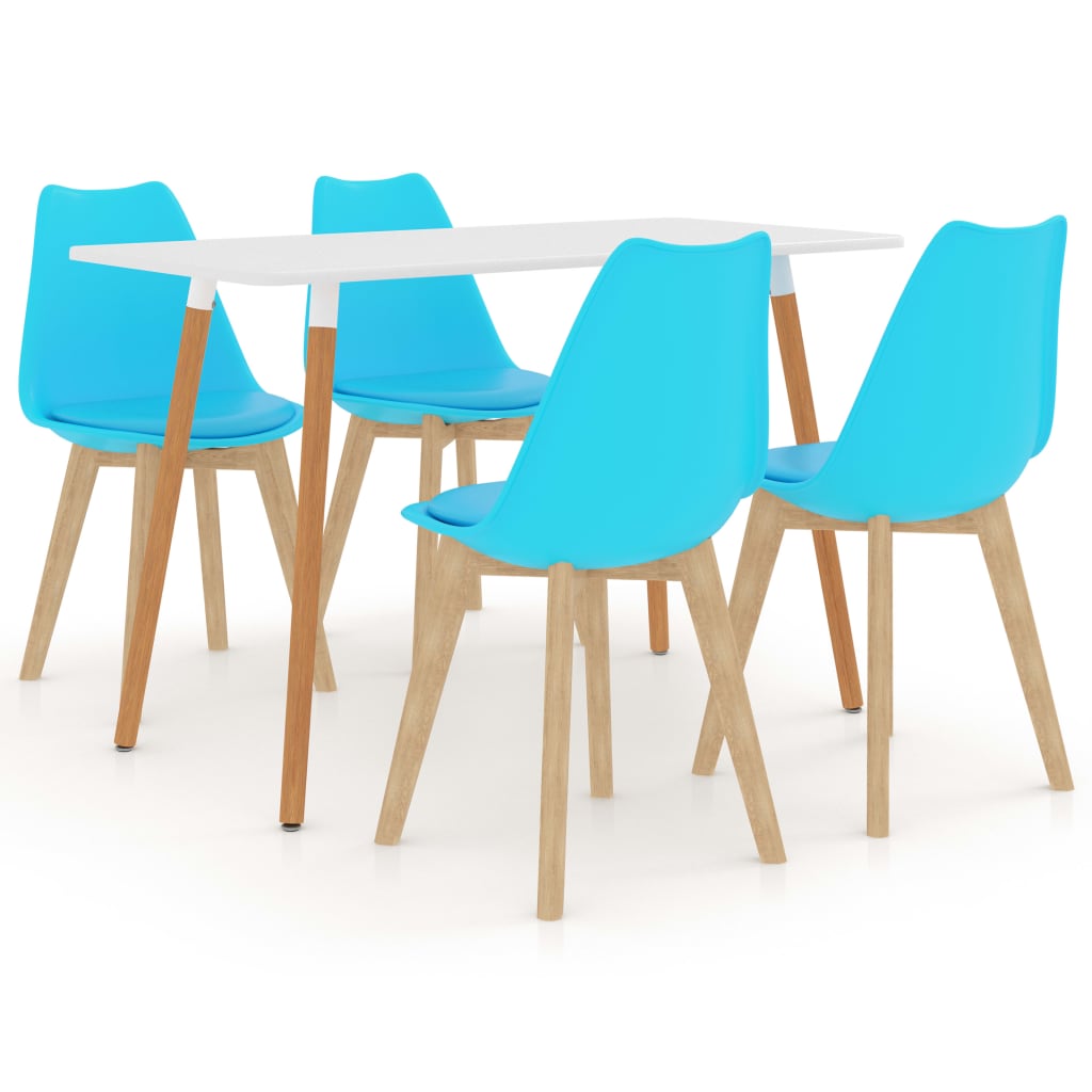 Set de masa de bucatarie cu blat alb si 4 scaune cu sezut tapitat, vidaXL, Piele artificiala, 42 x 42 x 81 cm, Albastru deschis