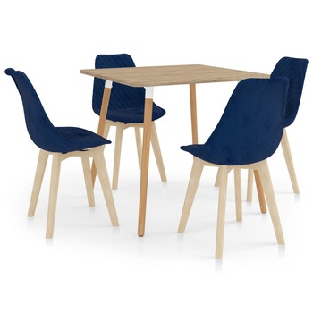 Set de masa de bucatarie cu 4 scaune tapitate cu catifea, vidaXL, Catifea, 80 x 80 x 75 cm, Albastru