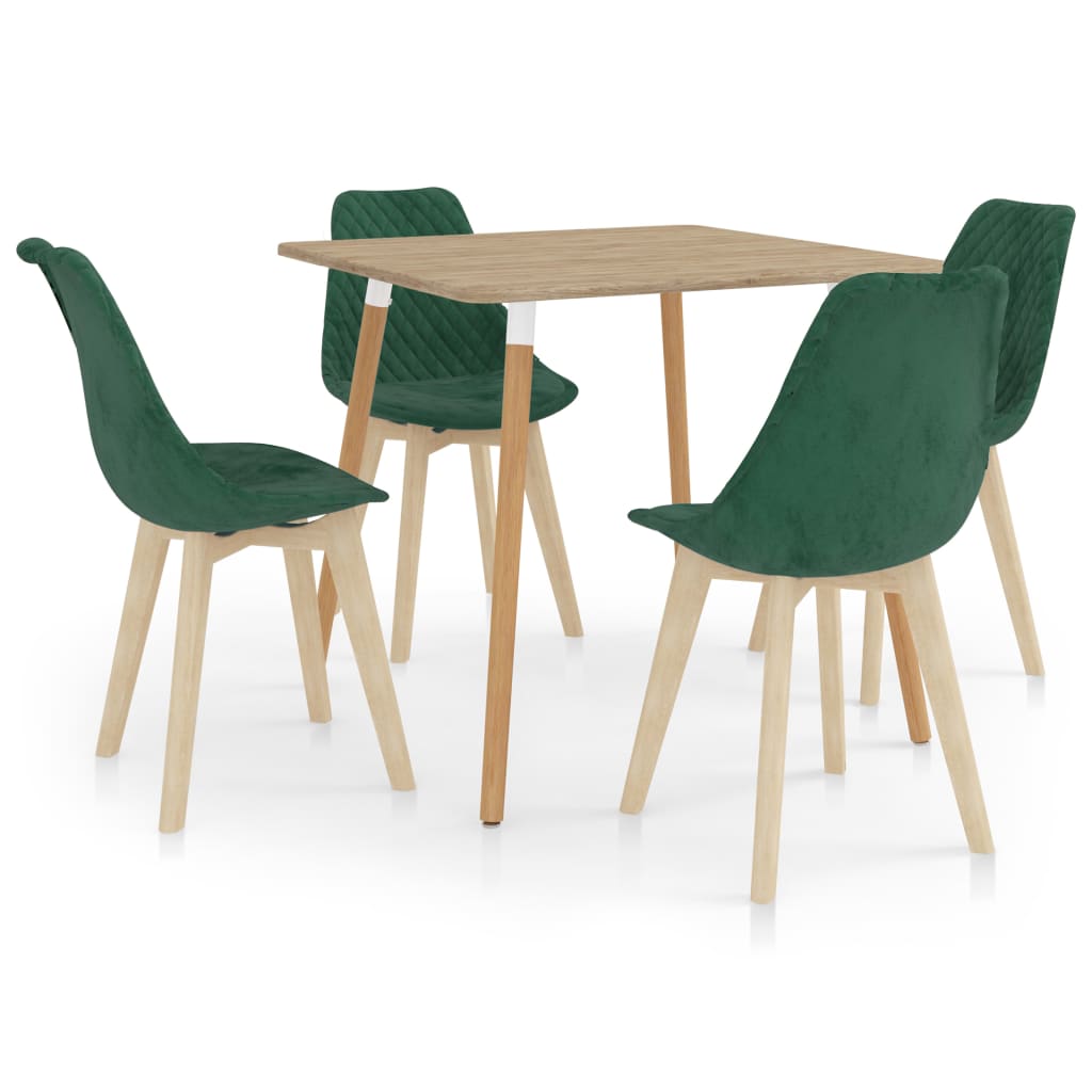 Set de masa de bucatarie cu 4 scaune tapitate cu catifea, vidaXL, Catifea, 80 x 80 x 75 cm, Verde inchis