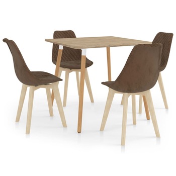 Set de masa de bucatarie cu 4 scaune tapitate cu catifea, vidaXL, Catifea, 80 x 80 x 75 cm, Maro