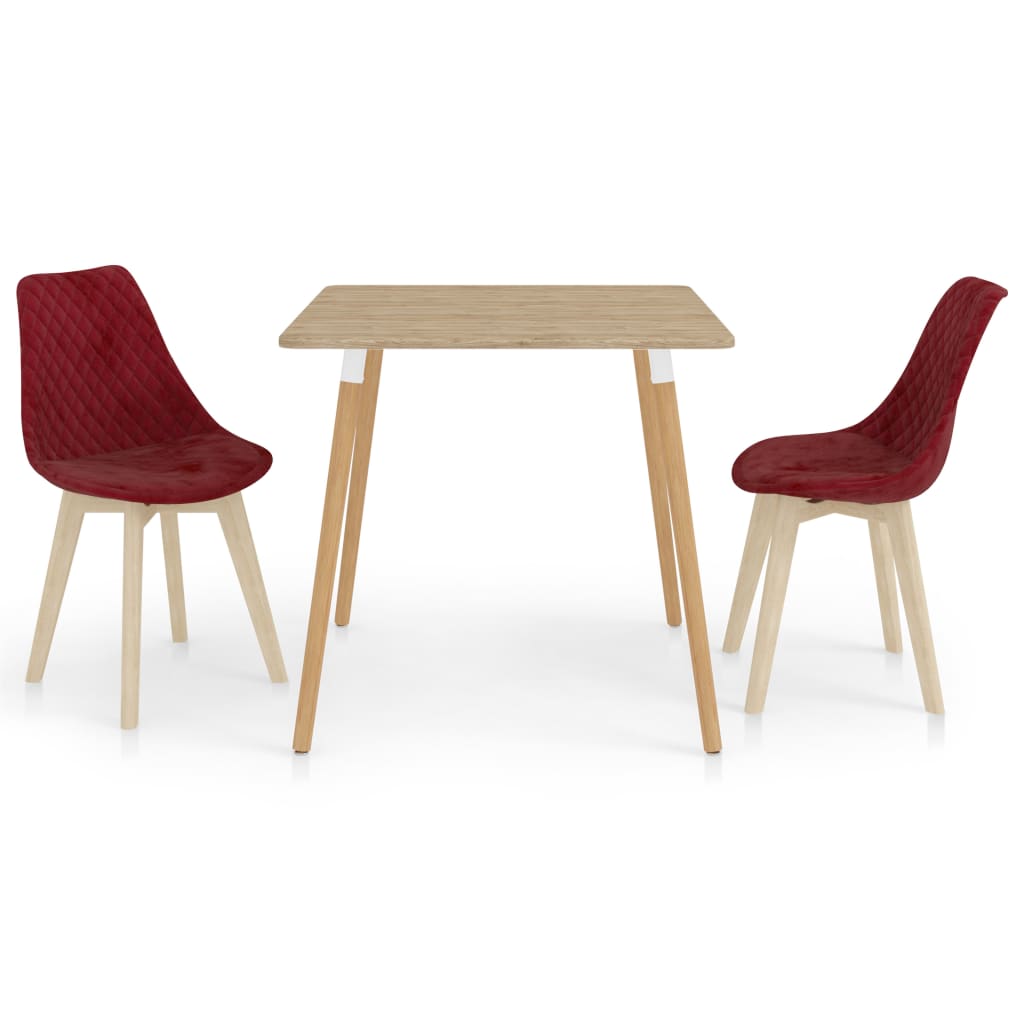 Set de masa de bucatarie cu 2 scaune tapitate cu catifea, vidaXL, Catifea, 80 x 80 x 75cm, Rosu bordo
