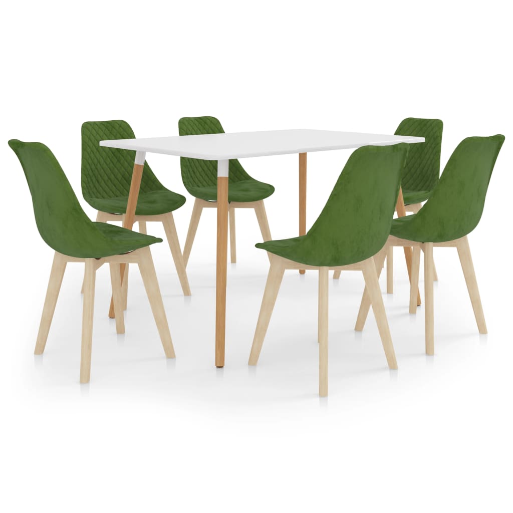Set mobilier de bucatarie cu 1 masa cu blat alb si 6 scaune tapitate cu catifea, vidaXL, Catifea, 49 x 57 x 82 cm, Verde deschis