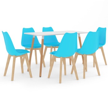 Set mobilier de bucatarie cu 1 masa cu blat alb si 6 scaune cu sezut tapitat, vidaXL, Piele artificiala, 42 x 42 x 81 cm, Albastru deschis