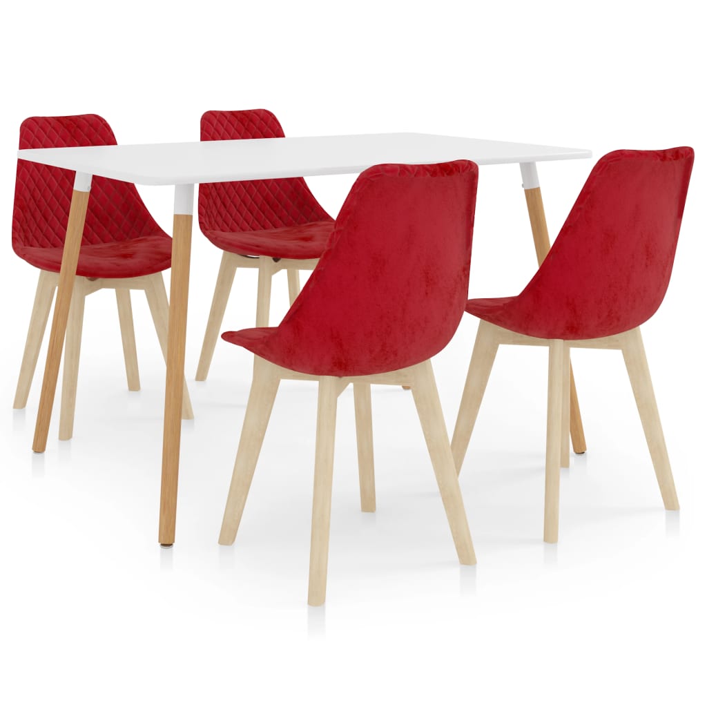 Set de masa de bucatarie cu blat alb si 4 scaune tapitate cu catifea, vidaXL, Catifea, 49 x 57 x 82 cm, Rosu