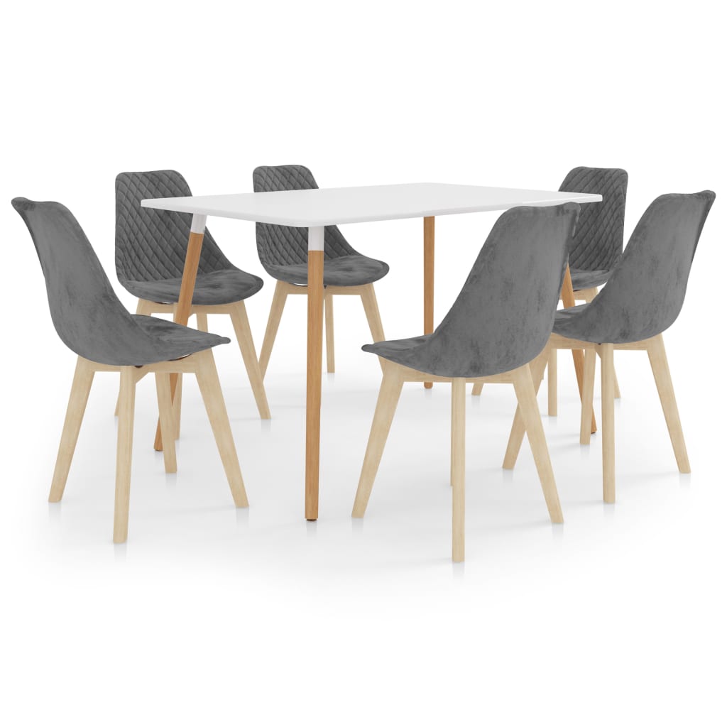 Set mobilier de bucatarie cu 1 masa cu blat alb si 6 scaune tapitate cu catifea, vidaXL, Catifea, 49 x 57 x 82 cm, Gri