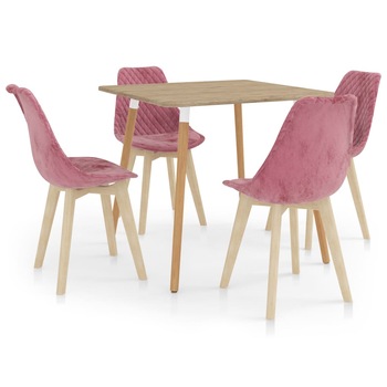 Set de masa de bucatarie cu 4 scaune tapitate cu catifea, vidaXL, Catifea, 80 x 80 x 75 cm, Roz