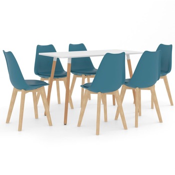 Set mobilier de bucatarie cu 1 masa cu blat alb si 6 scaune cu sezut tapitat, vidaXL, Piele artificiala, 42 x 42 x 81 cm, Turcoaz