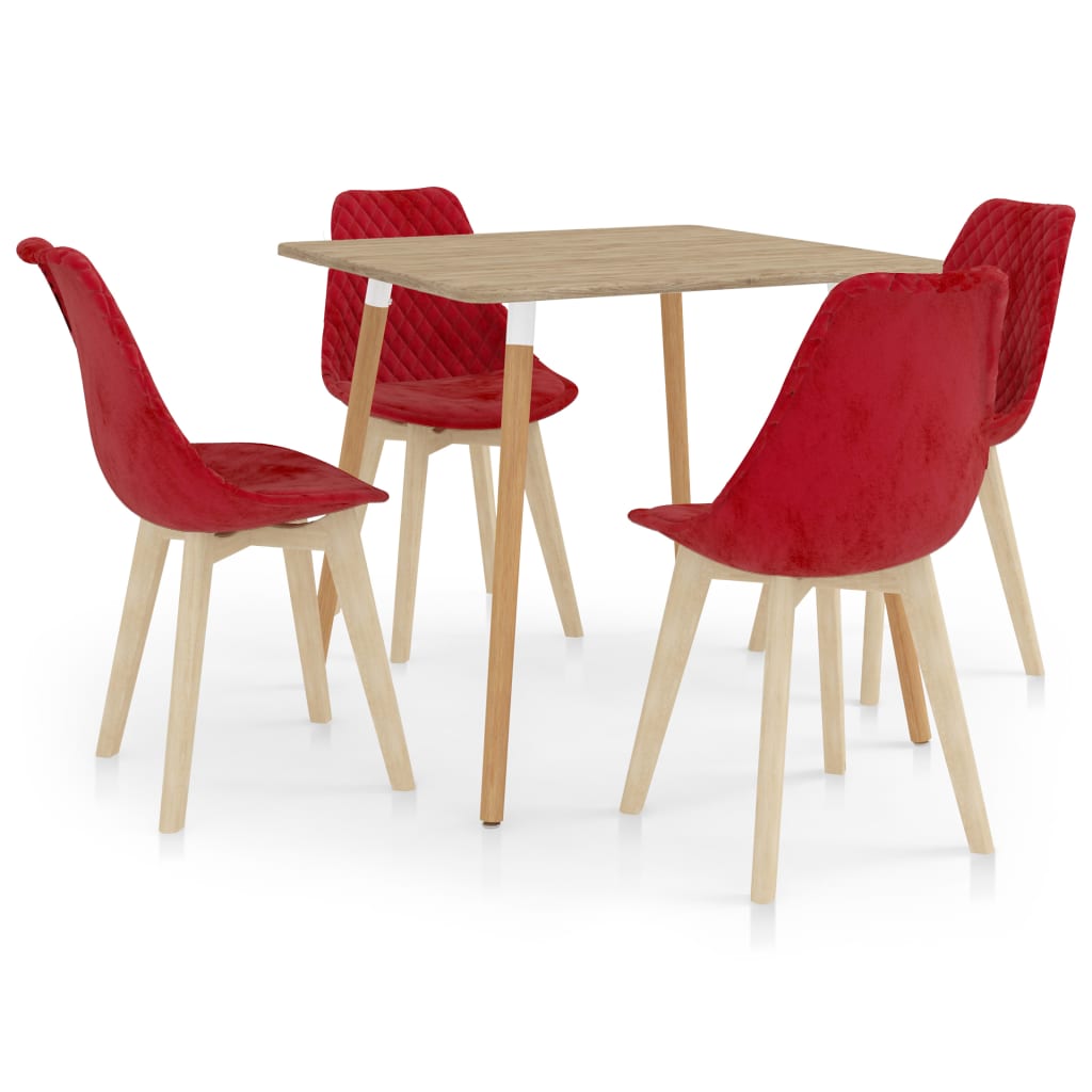 Set de masa de bucatarie cu 4 scaune tapitate cu catifea, vidaXL, Catifea, 80 x 80 x 75 cm, Rosu