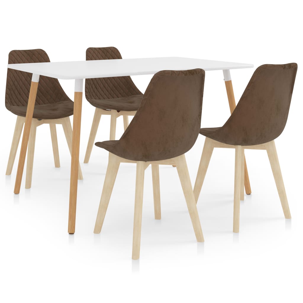 Set de masa de bucatarie cu blat alb si 4 scaune tapitate cu catifea, vidaXL, Catifea, 49 x 57 x 82 cm, Maro
