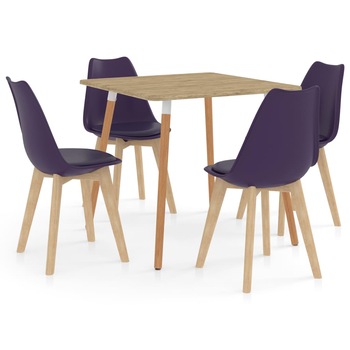 Set de masa de bucatarie cu 4 scaune cu sezut tapitat, vidaXL, Piele artificiala, 80 x 80 x 75 cm, Mov